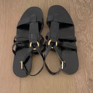 Ferragamo Black Leather Stappy Sandals with Gold Hardware - Sz 6